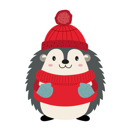 Cartoon hedgehog in winter clothes. Illustration with hand drawn doodle hedgehog. Thickly clothed pet.のイラスト素材