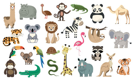 Wild jungle animals. African zebra, leopard, elephant, tiger, koala, lion. Hand drawn safari animals...