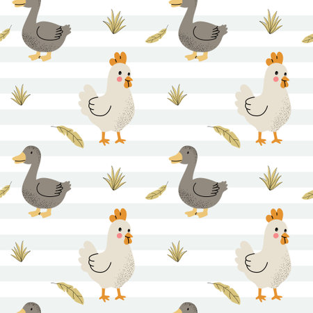 Seamless pattern with domestic animals. Cute farm birds pattern. Chicken, gooseのイラスト素材