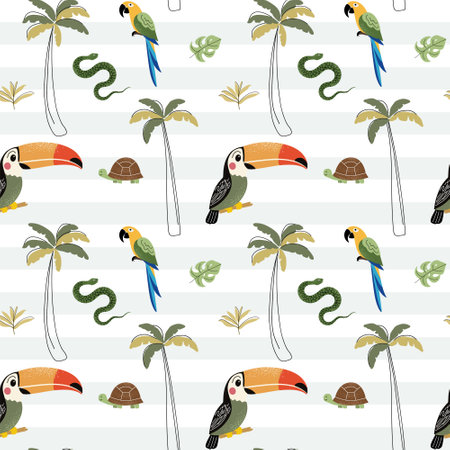 Seamless pattern with cute toucan, parrot and palm trees. Childish jungle background. Turtle, snake. Tropical wallpaper.のイラスト素材