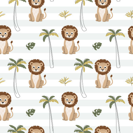 Seamless pattern with cute lion and palm trees. Childish jungle background. Tropical wallpaper.のイラスト素材