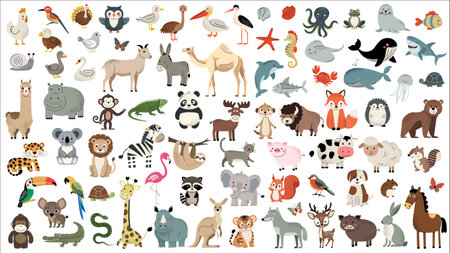 Cartoon animal characters. Big set of wild animals. Water inhabitants, african, domestic animals. Savanna. Birdsのイラスト素材