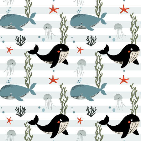 Seamless pattern with cute whales. Marine animals. Cartoon sea. Background with underwater characters.のイラスト素材
