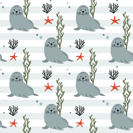 Seamless pattern with cute seal. Marine animals. Cartoon sea. Background with underwater characters.のイラスト素材