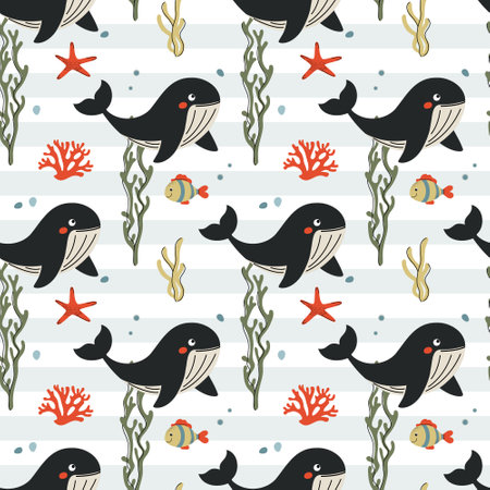 Seamless pattern with whale, fish. Cute marine animals. Cartoon sea. Background with underwater characters.のイラスト素材
