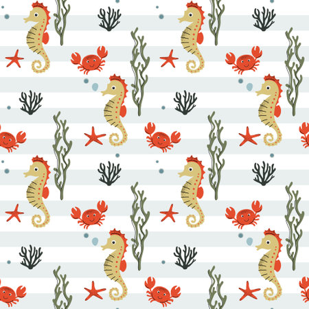 Seamless pattern with cute seahorse and crab. Marine animals. Cartoon sea. Background with underwater characters.のイラスト素材