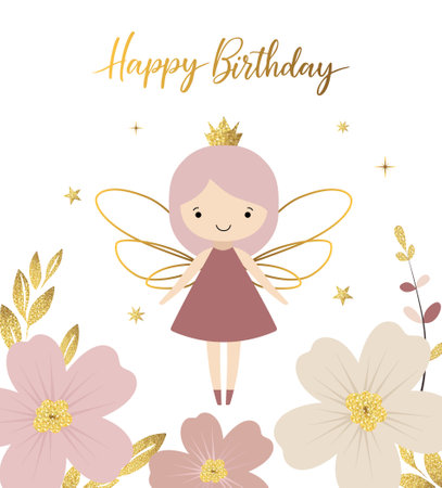 Happy birthday card with a cute fairy. Golden lettering. Gentle birthday template, greeting card, invitationのイラスト素材
