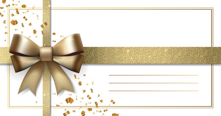 White background with gold bow. Empty gift voucher with place for text. Elegant template for card, coupon, certificate.のイラスト素材