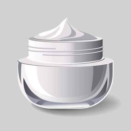 Open glossy jar with cream. Realistic cosmetic mockup. Lotion, cream, skin care. Blank cosmetic package.のイラスト素材