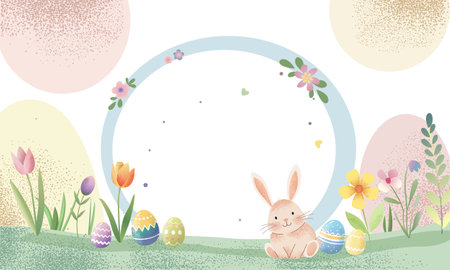 Easter background with eggs, bunny, tulips. Springtime template. Spring greeting card with place for text.のイラスト素材