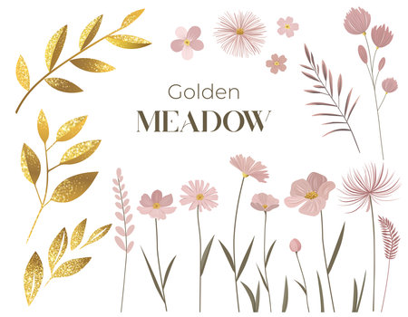 Gentle pink flowers with shining golden leaves. Meadow botanical set for wedding, birthday greeting cards. Gold colored delicate wild flowers.のイラスト素材