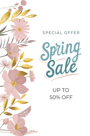 Spring sale banner, background. Floral frame with gentle flowers. Template for greeting card, invitation. Promo discount offer.のイラスト素材
