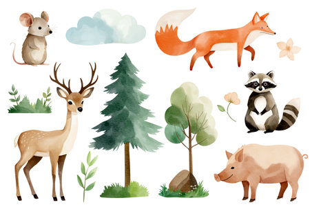 Watercolor woodland animals and forest trees. Set of hand drawn animals. Raccoon, mouse, reindeer, fox, boarのイラスト素材