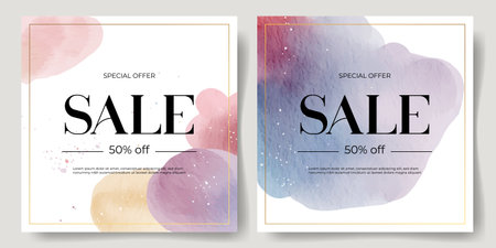 Set of watercolor backgrounds with text. Hand drawn abstract shapes template. Sale banner with watercolor stainsのイラスト素材
