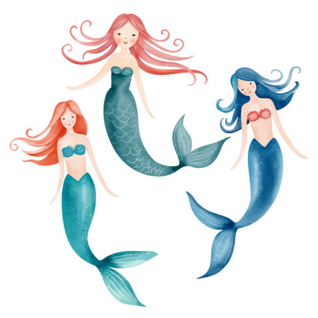 Cute watercolor mermaids. Set of hand drawn mermaids. Fairytale water inhabitants. Underwater sea lifeのイラスト素材