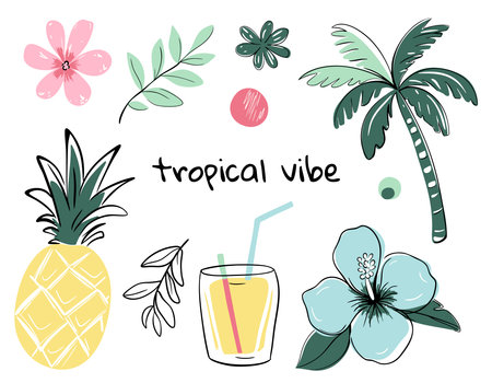Hand drawn summer simple style set. Summertime tropical doodles. Palm trees, tropical flowers, cocktails. Exotic collection.のイラスト素材
