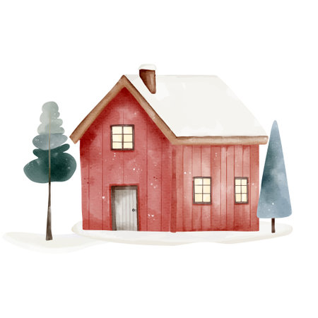 Cute fairy house. Scandinavian cozy house. Hand drawn childlike illustration. Watercolor houses.のイラスト素材