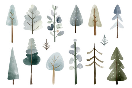 Set of watercolor winter trees. Cute fairy snowy trees. Wintertime nature. Hand drawn childlike illustration. Pines, firsのイラスト素材