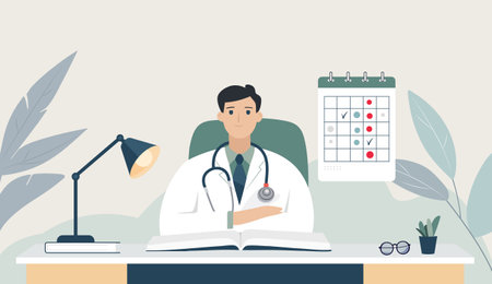 Flat scene with a doctor reminding the importance of prevention and check-up of the body. Medical examination calendarのイラスト素材