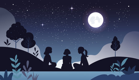 Silhouettes of three girls talking in the moonlight. Happy friends are sitting at night in nature. Illustration of friendshipのイラスト素材