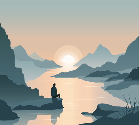 Young man came to relax on the shore of the lake. Beautiful sunset in the mountains. Illustration in pastel colorsのイラスト素材