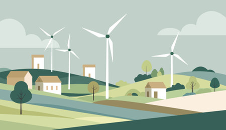 Powerful windmill. Illustration of wind turbines integrated into a rural  landscape. Eco...