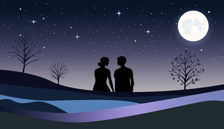Background with silhouettes of a loving couple couple sitting outdoors at night. Illustration of romantic couple in moonlight.のイラスト素材