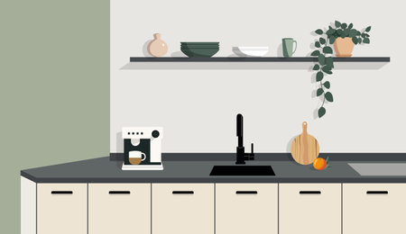 A minimalist flat illustration of a small kitchen corner. A countertop with a sink, coffee machine,...