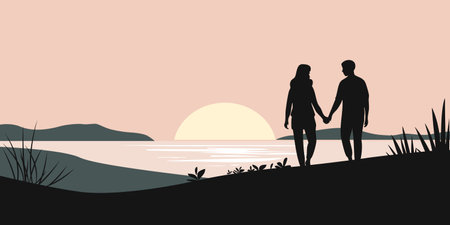 Silhouettes of a romantic couple at sunset. Background with loving couple holding hands. Tourism scene in a flat style.のイラスト素材