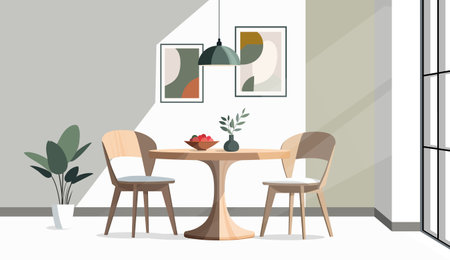 Illustration of a dining area. A simple round wooden dining table with two chairs. Neutral tones, flat style.のイラスト素材