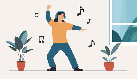 A minimalist flat illustration of a boy dancing alone with headphones. Fun pose, music notes. Light and joyful.のイラスト素材