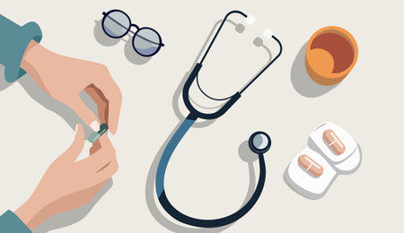 Flat illustration with doctor's hands, pills, stethoscope. Importance of prevention and check-up of the body.のイラスト素材