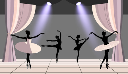 Silhouettes of ballerinas on the theater stage. Ballerinas in dynamic, elegant poses. Modern sceneのイラスト素材