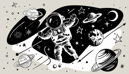 Minimalist flat illustration of outer space with an astronaut in doodle style. Monochrome Simple linework with space elements.のイラスト素材