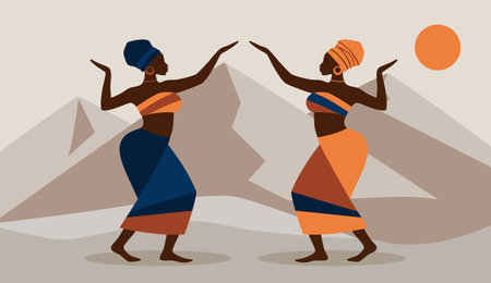 A minimalist flat illustration representing african culture. African women dancing in traditional clothing. Mountains behindのイラスト素材