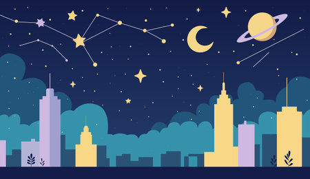 Cartoon night sky with stars, moon, and planets over distant city. Flat fairytale space vector illustrationのイラスト素材