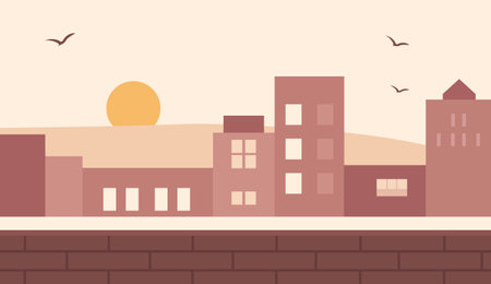 Sunset cityscape background with warm colors. Rooftops. Soft urban skyline for modern vector designのイラスト素材