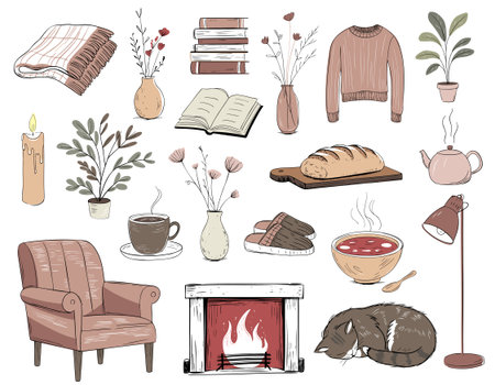 Cozy home sketch set with cat, fireplace, cup, chair, books, plant in pastel colors. Hand drawn doodle style

のイラスト素材