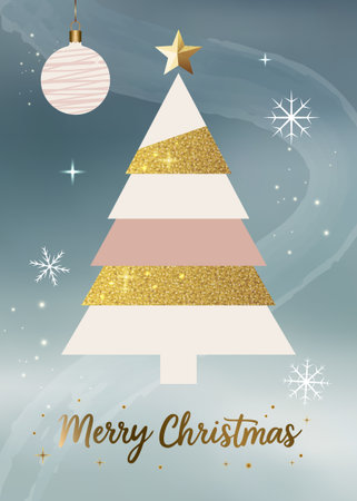 Merry Christmas card. Pastel colors. Fir tree and bauble with golden shimmer. Minimalistic xmas greeting card.のイラスト素材