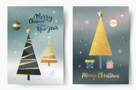 Christmas cards with fir trees, gifts, golden lettering. Pastel blue colors. Minimalistic xmas greeting cards.のイラスト素材