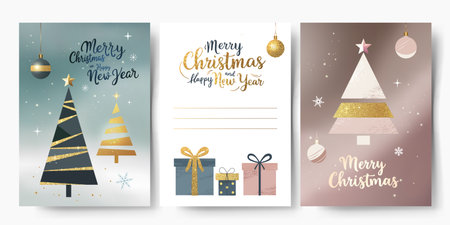 Christmas cards with fir trees, gifts, golden lettering. Pastel colors. Minimalistic xmas greeting cards.のイラスト素材