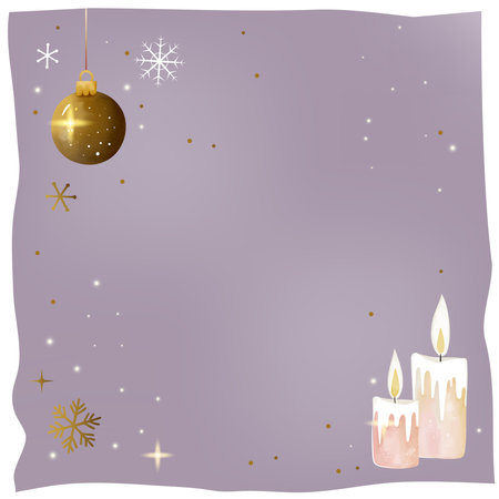 Christmas frame with watercolor elements. Hand painted candles, bauble, stars and snowflakes. Purple backgroundのイラスト素材