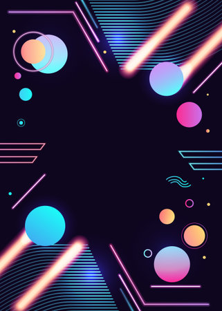 Neon shapes glowing on dark background. Bright futuristic geometric frame with space for text. Modern abstract design.のイラスト素材
