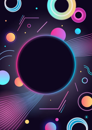 Colorful neon geometry on dark background. Futuristic frame with space for text. Modern abstract design.のイラスト素材