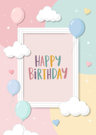Pastel background with balloons clouds and stars. Cute happy birthday design or baby shower template.のイラスト素材