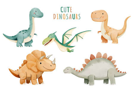 Watercolor set of cute baby dinosaurs. Tyrannosaurus, Triceratops, Pterodactyl, Brontosaurus, Stegosaurusのイラスト素材