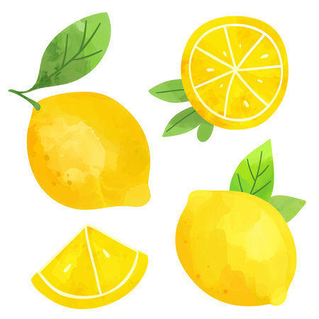 Watercolor lemon collection. Yellow fruits and pieces. Hand painted citrus illustration.のイラスト素材