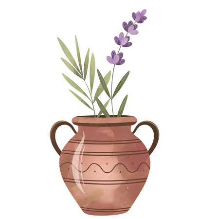 Mediterranean amphora. Watercolor illustration with lavender and provence herbs.のイラスト素材