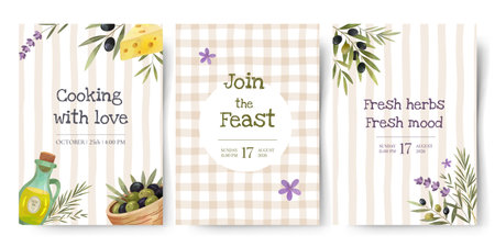 Mediterranean frames with food, lavender and olives. Watercolor posters. Perfect for cooking and kitchen design.のイラスト素材
