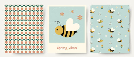 Spring collection with cute bee and tulip flowers. Patterns and minimalist greeting card. Spring...
